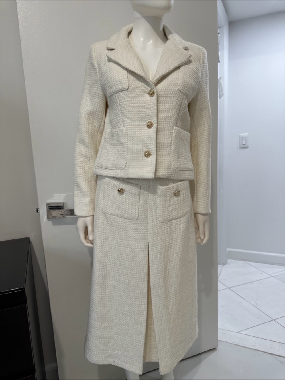 Cream Tweed Blazer and Skirt Set - Elegant Women's Suit